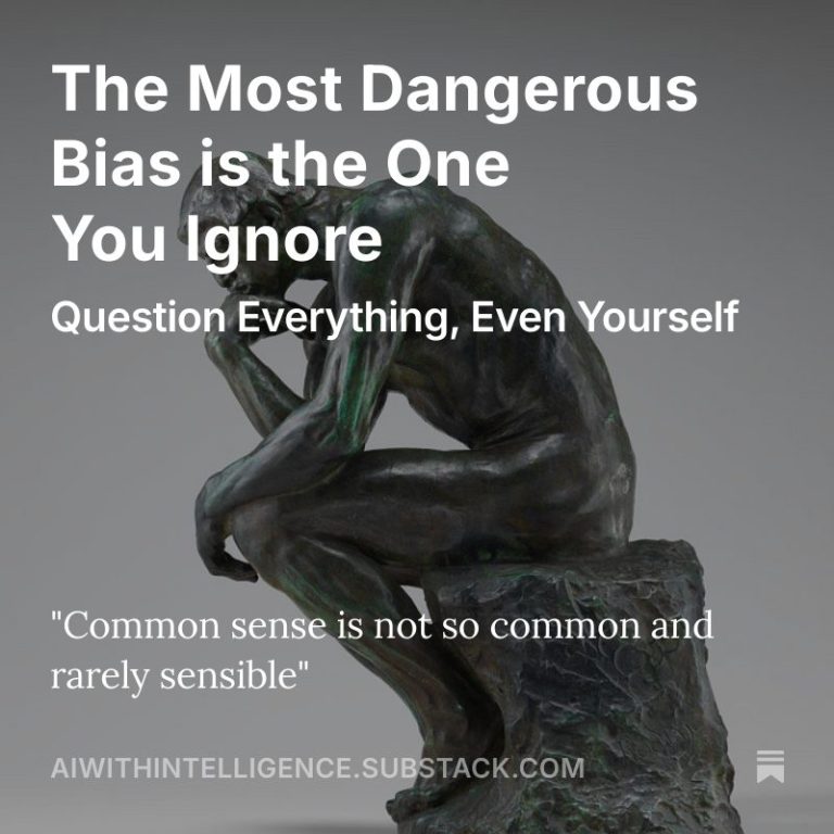 Rodins thinker with text "The most dangerous bias is the one you ignore"