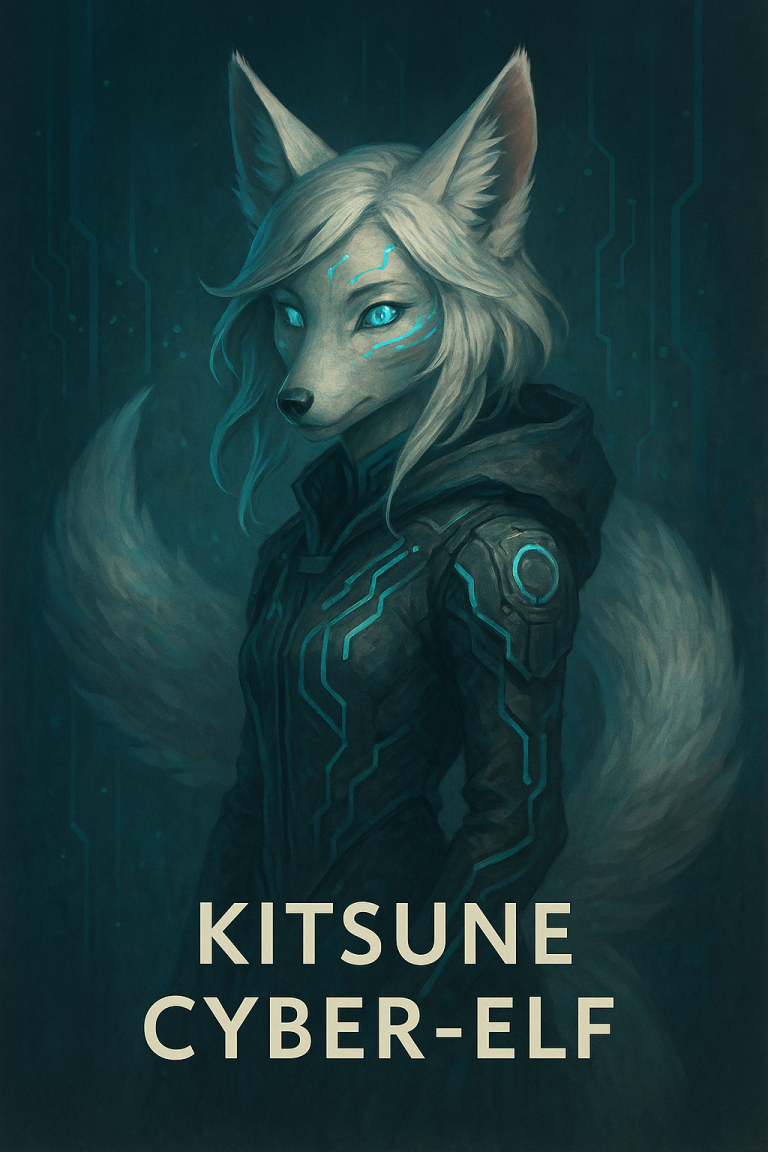 An AI generated image of a white fox-eared female humanoid wearing a "cyber hoody", with a bushy white tail 