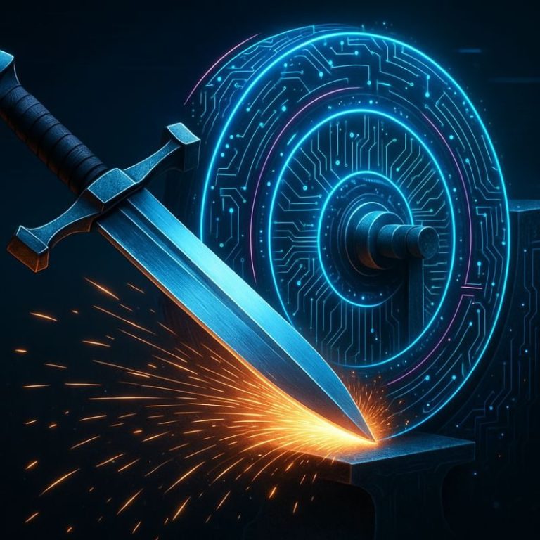 A sword being sharpened by a cyber grinding wheel, to illustrated "AI should be your sharpening stone, not your sword" 