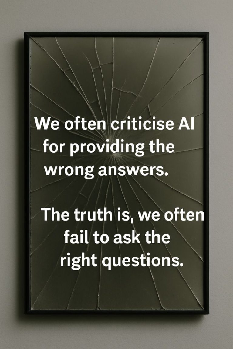 Text over broken mirror "We often criticise AI for providing the wrong answers. The truth is, we often fail to ask the right questions.