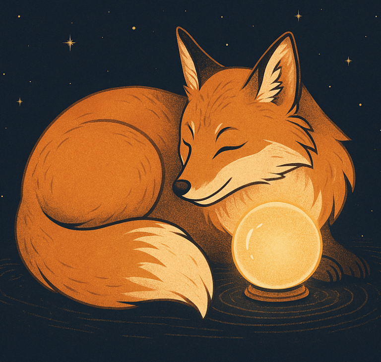A sleeping fox, curled up next to a glowing globe, as the logo for the "Soul & Signal Newsletter"