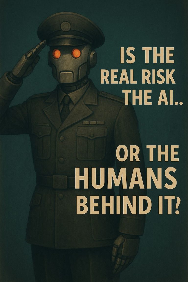 A saluting army robot overlaid by the words "Is the real risk the AI... or the humans behind it?"