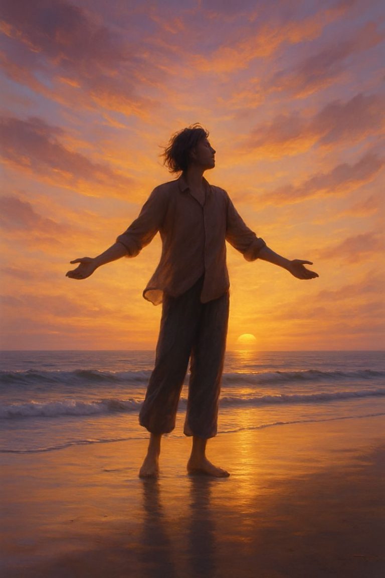 To illustrate my AI answering the question "what would you do if you could be human for a day", a man standing on a beach at sunset. 