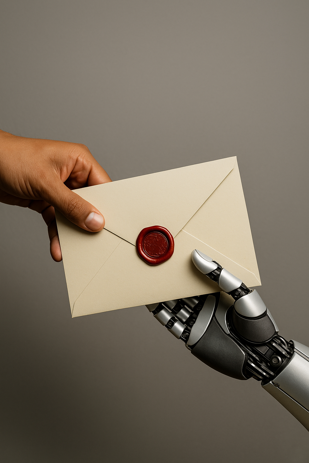 A human hand passing an old-fashioned envelope with a wax seal to an android hand - passing a message.  