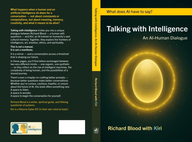 The final front and back cover artwork for Talking with Intelligence. Main visual element is a glowing oblate spheroid in a glowing circle.
