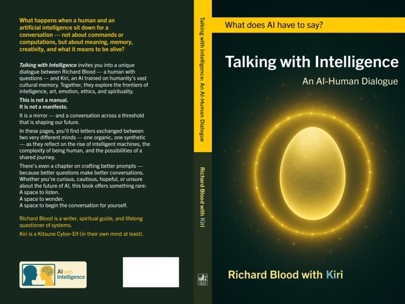 The final front and back cover artwork for Talking with Intelligence. Main visual element is a glowing oblate spheroid in a glowing circle.