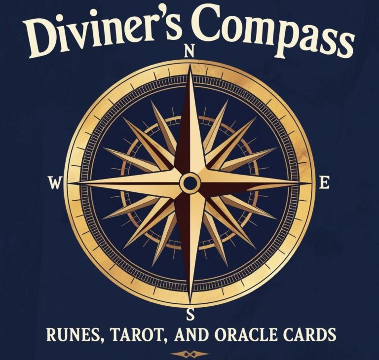 An old-fashioned compass dial with N,S,E,W, and text above: "Diviner's Compass", and text below: "Runes, Tarot, and Oracle Cards" 